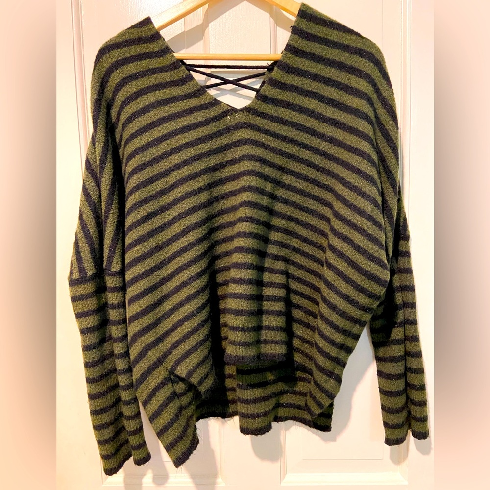 A.N.A cozy green striped sweater with lace up back